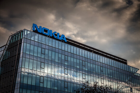 TIMISOARA, ROMANIA - SEPTEMBER 16, 2022: Nokia logo on their headquarters and office for Timisoara. Nokia is a Finish corporation specialized technology and telecommunications known for mobile phones.