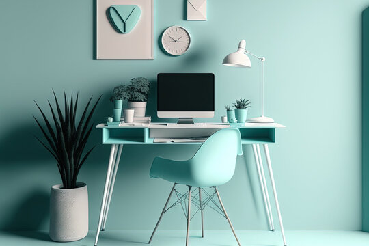 Pastel Blue Monochrome Minimal Office Table Desk. Minimal Idea Concept For Study Desk And Workspace. Mockup Template,. Generative AI