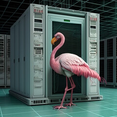 pink flamingo alone in a data center room with hardware computer cases, generative ai illustration