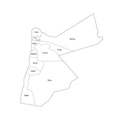 Jordan political map of administrative divisions - governorates. Handdrawn doodle style map with black outline borders and name labels.