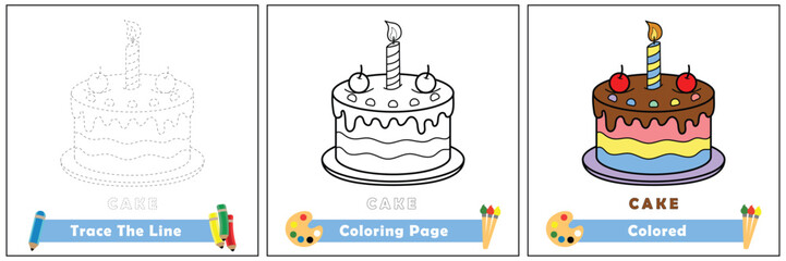 trace and color for kids, coloring book for kids, cake vector.