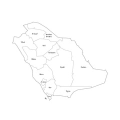 Saudi Arabia political map of administrative divisions - provinces or regions. Handdrawn doodle style map with black outline borders and name labels.
