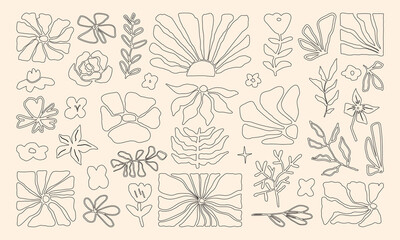 Abstract Nature Minimalist Line Art Hand Drawn. Line Drawing Flowers and Leaves Modern Vintage Background Style. Botanical Line Art of Wildflower Floral Drawing for Minimalist Wall Decor