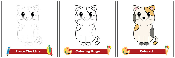 trace and color for kids, coloring book for kids, cat kawaii vector.