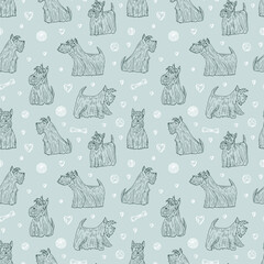 Dog Vector Seamless pattern. Hand Drawn Doodle Scottish Terriers. Pets. Dogs. Scottish Terrier