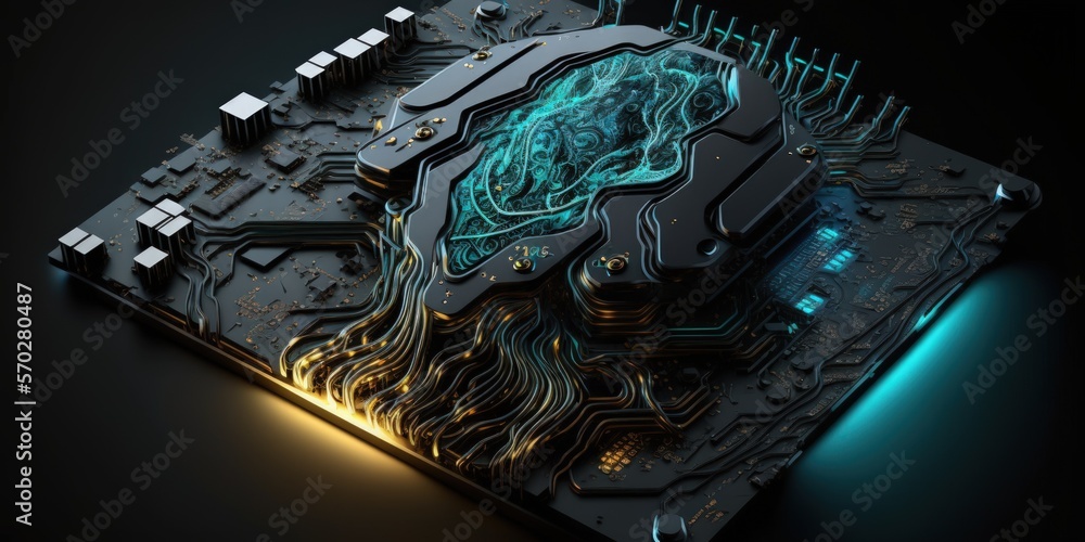 Poster cyborg ai. the circuit board. technical knowledge cpu and gpu concepts for central computer processo