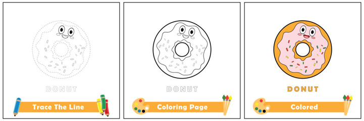 trace and color for kids, coloring book for kids, donut kawaii vector