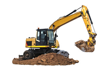 Wheeled excavator isolated on white background. Quarry excavator digs the ground close-up. Modern...