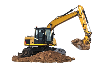 Wheeled excavator isolated on white background. Quarry excavator digs the ground close-up. Modern building equipment for earthworks. element for design.