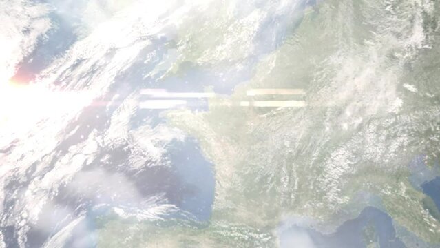 Earth zoom in from outer space to city. Zooming on Laval, France. The animation continues by zoom out through clouds and atmosphere into space. Images from NASA
