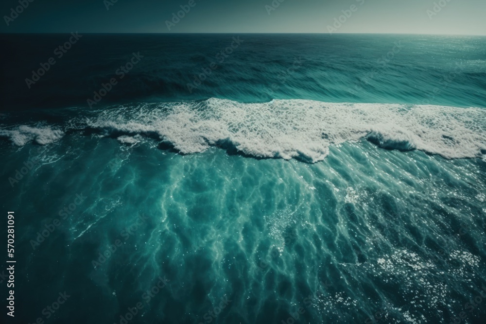 Poster drone aerial view of the surface of the blue sea with waves and a background of nothing but space. h