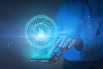 Digital chatbot for provide access to information and data in online network, robot application and global connection, AI, Artificial intelligence, innovation and technology