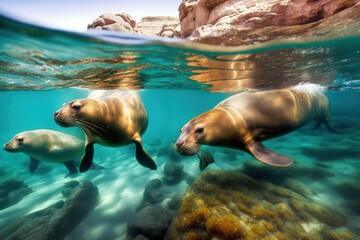 Fototapeta premium Argentina's Nuevo Gulf, home to a colony of southern sea lions, has shallow water. Generative AI