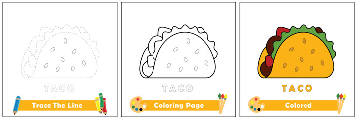 trace and color for kids, coloring book for kids, taco vector.