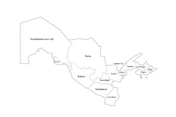 Uzbekistan political map of administrative divisions - regions, autonomous republic of Karakalpakstan and independent city of Tashkent. Handdrawn doodle style map with black outline borders and name