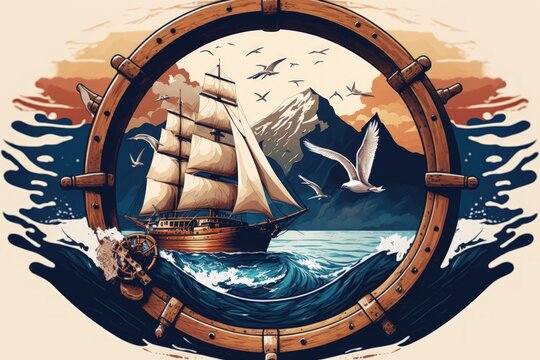 Sailboat with wooden steering wheel and a view of a mountainous coastline and soaring birds. Wide skyline with a captain at the helm of a sailing ship and seagulls above for a nautical theme