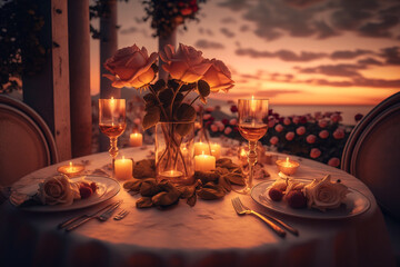 Fototapeta na wymiar Romantic valentine dinner on terrace balcony, flowers and roses, wine, champagne, and candles love and affection