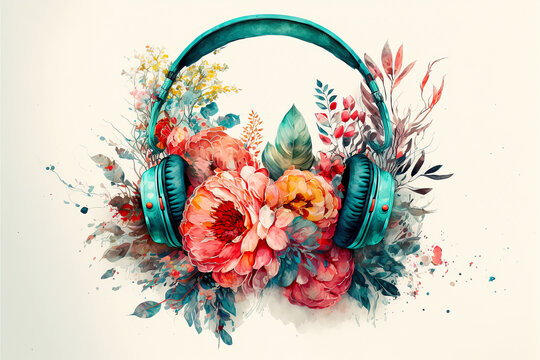 Concept watercolor illustration headphones with flowers and plants. Generative Ai
