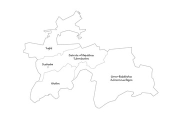 Tajikistan political map of administrative divisions - regions, autonomous region of Gorno-Badakhshan, districts of Republican Subordination and capital city of Dushanbe. Handdrawn doodle style map