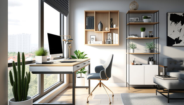 Bright modern home office space &mdash; Generative AI
