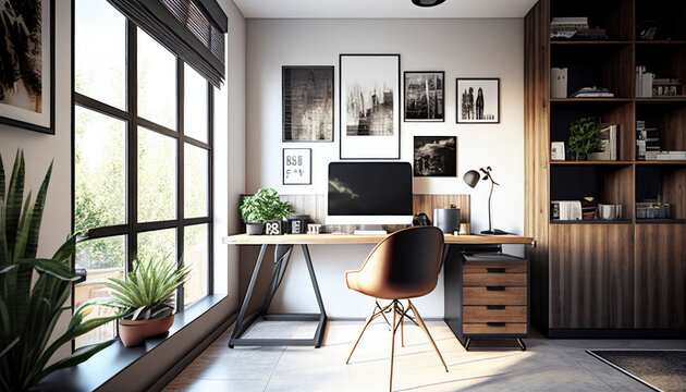 Bright home office with a window &mdash; Generative AI