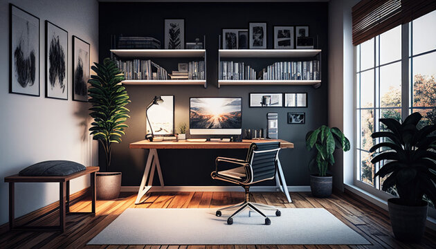 Dark modern home office with a lamp &mdash; Generative AI