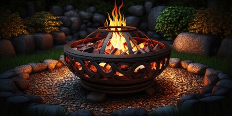 Iron fire pit and burning fire in fire place a garden . Generative AI