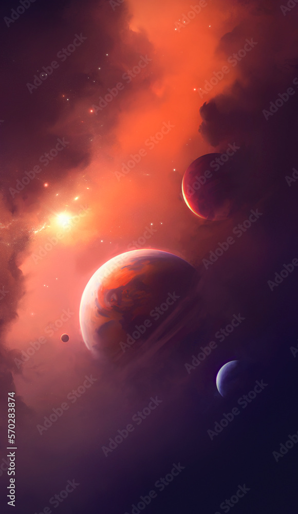 Sticker image of planets in outer space against the background of stars and nebulae