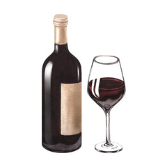 Watercolor illustration of the bottle and one glass of red wine. Picture of a alcoholic drink isolated on the white background. Concept for wine list, label, banner, menu, flyer, brochure template.
