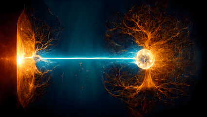 A Quantum Nuclear Fusion Entanglement Science Lab Illustration - obrazy, fototapety, plakaty