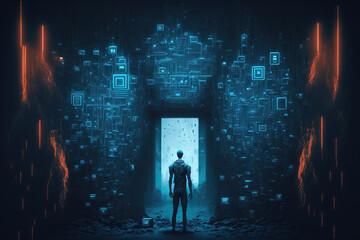 world of data, big tech, computers the cloud generative ai hard drive storage and being surrounded by the digital world illustration futuristic