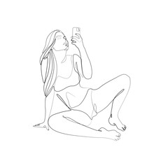 Woman do selfie shot on mobile cell phone, body silhouette, continuous line drawing. Sexy woman takes a selfie. Print for clothes, poster, postcard, isolated vector illustration.