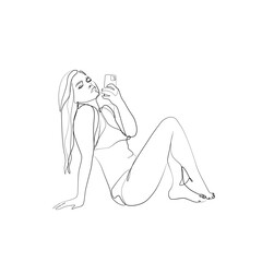 Woman do selfie shot on mobile cell phone, body silhouette, continuous line drawing. Sexy woman takes a selfie. Print for clothes, poster, postcard, isolated vector illustration.