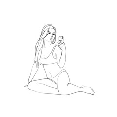 Woman do selfie shot on mobile cell phone, body silhouette, continuous line drawing. Sexy woman takes a selfie. Print for clothes, poster, postcard, isolated vector illustration.