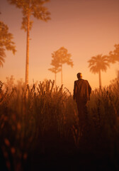 Silhouette of man in hazy tropical wilderness with palm trees during sunset. 3D render.