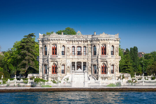 Kucuksu Kasri pavilion on the Bosphorus strait in summer. Kucuksu kasri, or Goksu pavilion, is a 19th century ottoman palace and a major landmark of Istanbul.