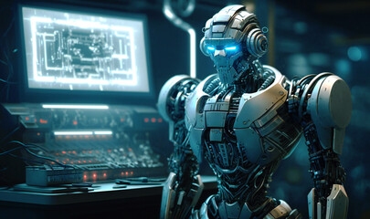 Fototapeta premium A hacker robot attempting to breach a computer system or network