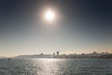 Panorama of the European of Istanbul into the light during a sunny summer afternoon with the...