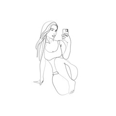 Woman do selfie shot on mobile cell phone, body silhouette, continuous line drawing. Sexy woman takes a selfie. Print for clothes, poster, postcard, isolated vector illustration.