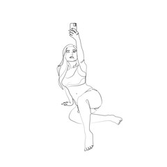 Woman do selfie shot on mobile cell phone, body silhouette, continuous line drawing. Sexy woman takes a selfie. Print for clothes, poster, postcard, isolated vector illustration.