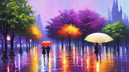 Rainy day landscape illustration painting ai generated artwork for social media, wall painting