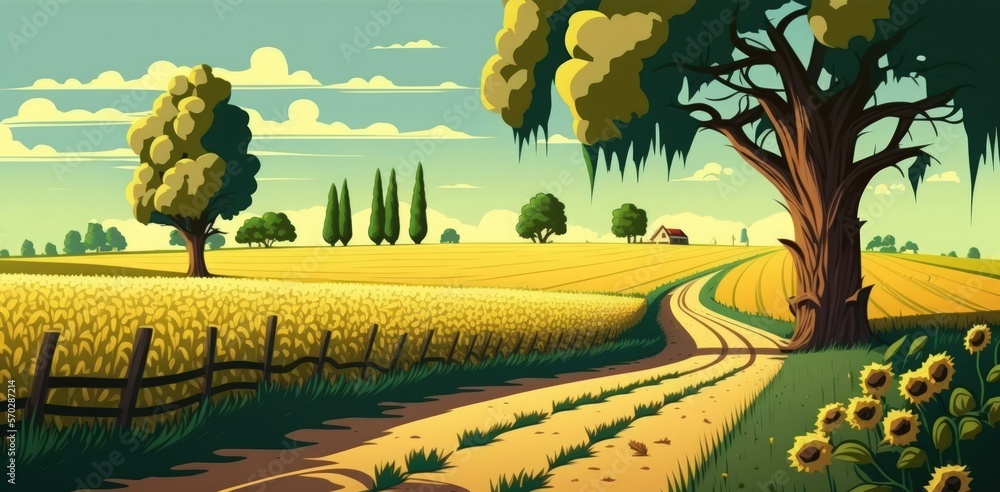 Poster Wide field with corn and sunflower crops, dirt road in the field, tree on the side of the field road. Generative AI