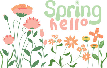 Hello Spring season card of hand drawn abstract  cute flowers