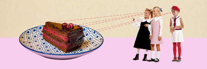 Contemporary art collage. Creative design. Little girls, children looking on delicious cake. Sweet tooth. Kids fashion and lifestyle. Concept of retro style, vintage, creativity, surrealism