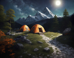 Hiking in the mountains. set up a tent. incredible mountain views behind. atmosphere. travel, hike, tent