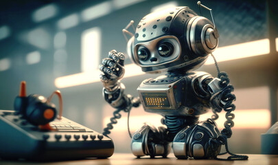 Adorable young robot using the phone in a trendy office environment