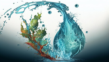 UNA GOTA ENVOLVIENDO UNA RAMA. DIA MUNDIAL DEL AGUA. IA GENERATIVA. COLOR. HORIZONTAL