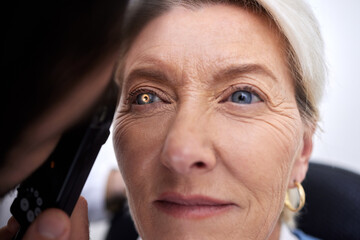Woman, face and eye exam lamp for medical glasses, prescription lens or mature glaucoma disease....