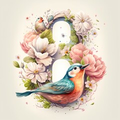 Eight of march template with glossy number eight made of realistic beautiful flowers with leaves and abstract florals with birds on white background