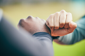 Hands, fist bump and sports teamwork for motivation, collaboration and success. Team building,...